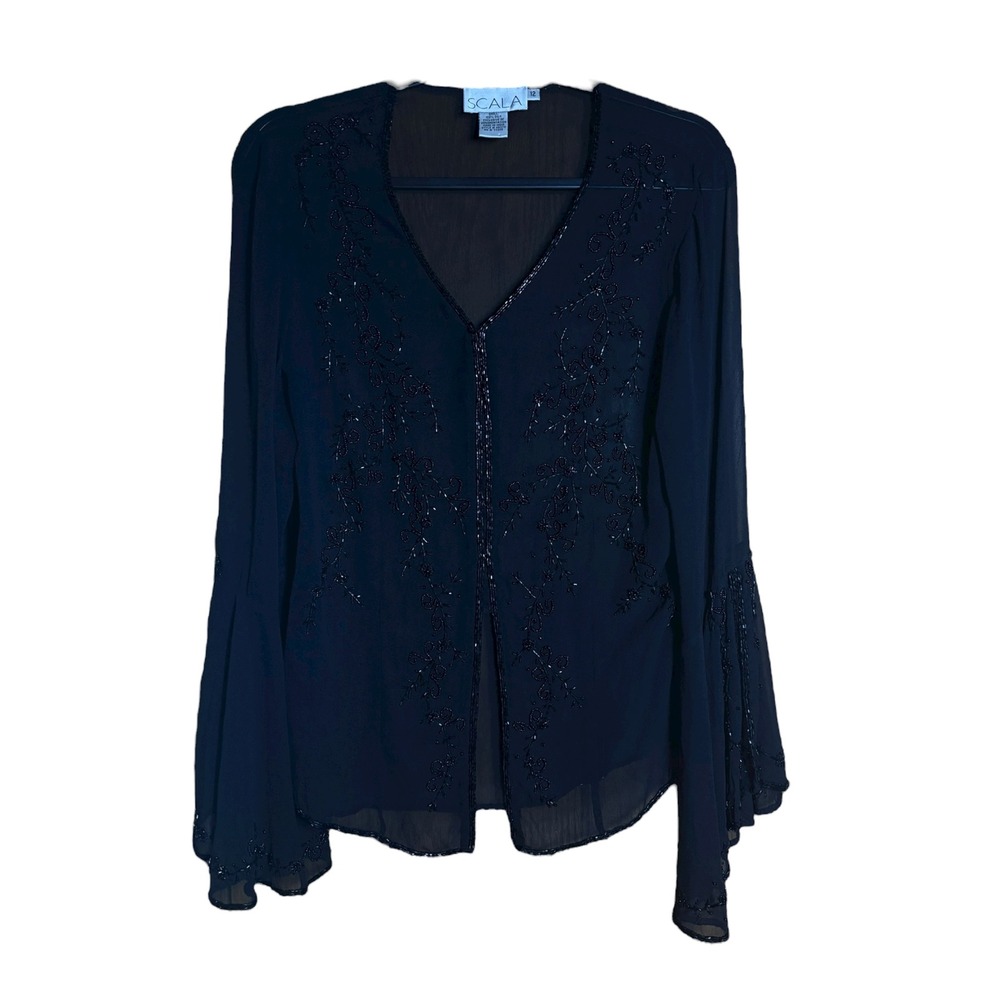 Scala Vintage 100% Silk Beaded Bell Sleeve Blouse Black Whimsigoth Top Size 12